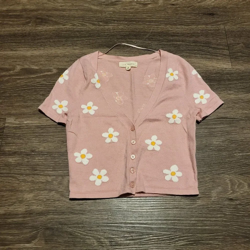 L.A. Hearts Floral Short Sleeved Button Up Cardigan Sweater Womens Size XS